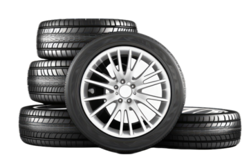 set of car tires with alloy rim isolated with removed background, concept parts for automobile, industry, generative ai
