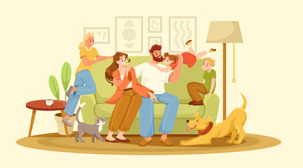 Happy Family with Mother, Father and Kids Sitting on Sofa in Room Vector Illustration