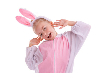 Bunny, outfit and girl child portrait with costume on isolated, transparent or png background. Rabbit, freedom and face of cute kid with clothing for halloween, easter or theme birthday party