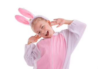 Bunny, outfit and girl child portrait with costume on isolated, transparent or png background. Rabbit, freedom and face of cute kid with clothing for halloween, easter or theme birthday party