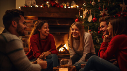 Friends are enjoying a cozy evening by a fireplace, laughing and chatting in a festively decorated living room during the holidays.