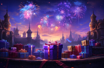 Gift boxes and fireworks in the background of the ancient city.  - obrazy, fototapety, plakaty