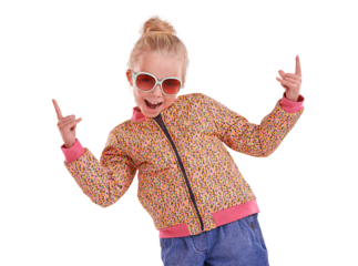 Child, portrait and rock on hands in sunglasses for cool, style or trendy vision on isolated, transparent and png background. Fashion, girl and punk kid with summer frames, funny or hipster eye care