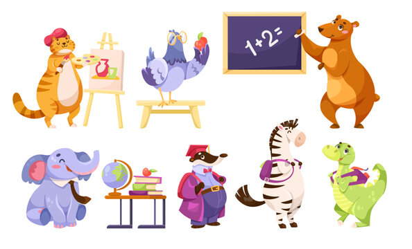 Animal at School Have Lesson and Education Vector Set