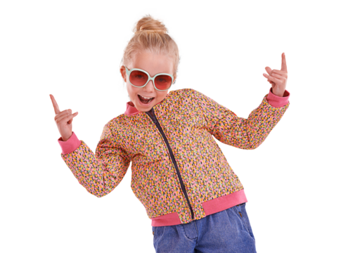 Child, portrait and rock on hands in sunglasses for cool, style or trendy vision on isolated, transparent and png background. Fashion, girl and punk kid with summer frames, funny or hipster eye care
