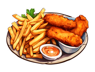 Vibrant illustration of a typical British meal - Fish And Chips with tartare sauce.