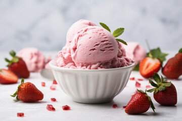 Bowl full of ice cream with strawberry.