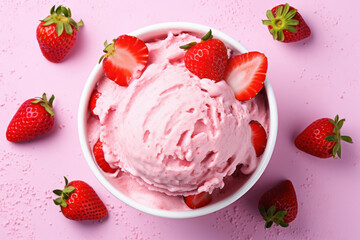 Bowl full of ice cream with strawberry.