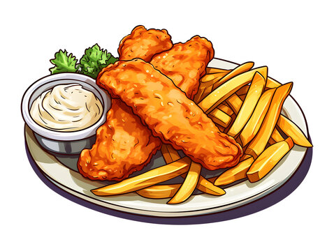 Vibrant illustration of a typical British meal - Fish And Chips with tartare sauce.