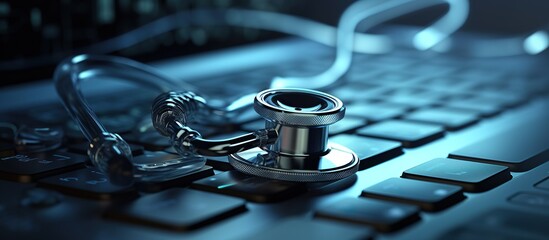 Medical technology background, close of doctor's stethoscope and laptop computer on office desk with reflection, black and white - obrazy, fototapety, plakaty