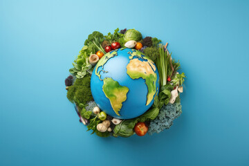 Globe made from vegetable on blue background.