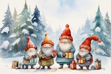 Adorable watercolor gnomes gather around the Christmas tree, exchanging gift in the cool Arctic atmosphere. Full color, textured knitted illustrations, suitable for nursery art by Generative AI - obrazy, fototapety, plakaty