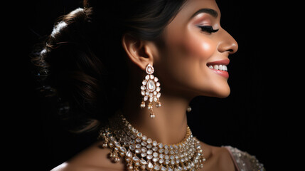 Close up side view of Beautiful indian bridal with jewelery - obrazy, fototapety, plakaty