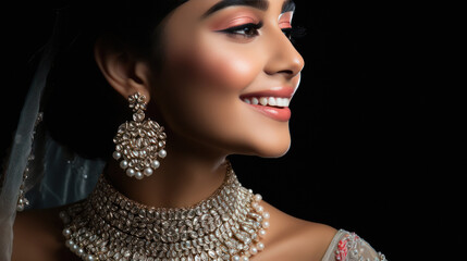 Close up side view of Beautiful indian bridal with jewelery