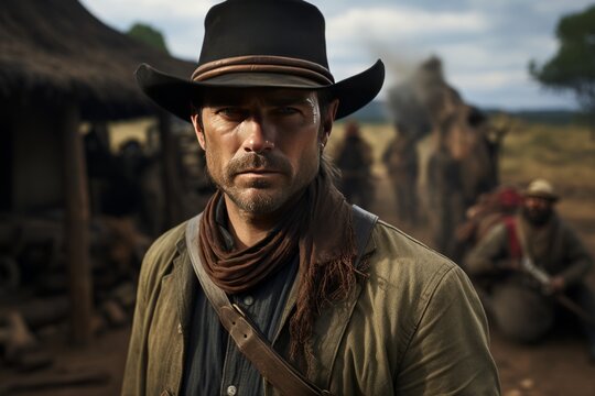 Portrait of mature man in cowboy clothes and hat against the backdrop of a wild west settlement. The Red Dead Redemption character looks at the camera with confident look. Real courageous cowboy.