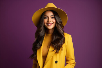 Beautiful woman in stylish yellow suit with hat.