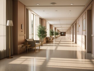 Corridor inside the hotel Modern style, pastel tones with light shadows during the day.