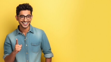 young indian man pointing on yellow background - obrazy, fototapety, plakaty