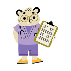 Panda Animal Doctor Character with Clipboard Work in Hospital Vector Illustration