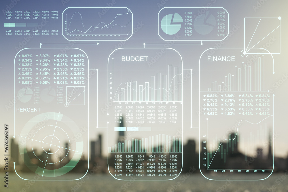 Poster Abstract virtual stats data hologram on blurry skyline background. Multiexposure