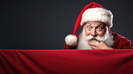 Naklejka premium A joyful Santa Claus peeking out from behind a red backdrop, wearing his traditional red and white suit, hat, and glasses, with a merry expression on his face.