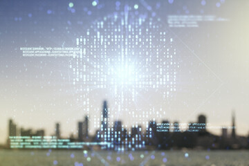Abstract virtual code skull illustration on blurry skyline background. Hacking and phishing concept. Multiexposure
