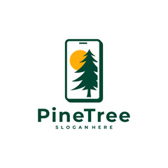 Pine Tree with Phone logo design vector. Creative Pine Tree logo concepts template
