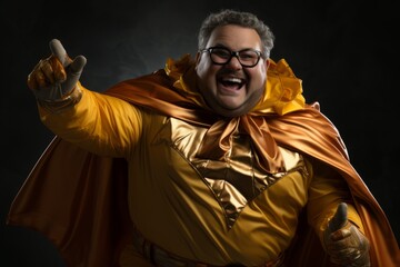 Comic portrait of a fat grey haired bearded man in yellow superhero costume with funny eyeglasses. Happy smiling dude portrays the mighty Superman and lifts index finger up. Black background. - obrazy, fototapety, plakaty