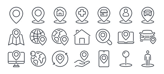 Pin, map, address, point, marker editable stroke outline icons set isolated on white background flat vector illustration. Pixel perfect. 64 x 64.
