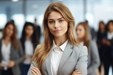Fototapeta na wymiar Professional woman wearing business suit stands confidently with her arms crossed. This image can be used to portray confidence, professionalism, and success in various business-related concepts.