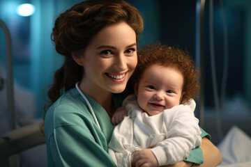 Woman holding baby in hospital room. Joy and bonding between mother and her newborn child. It is perfect for illustrating themes of maternity, childbirth, and family.