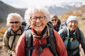 Group of people with backpacks walking up hill. Perfect for outdoor adventure and hiking themes.
