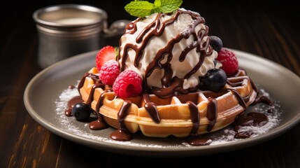 round waffle with ice cream and liquid chokolate topping