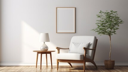 Fototapeta na wymiar A simple white frame on a plain wall in a living room with a comfortable armchair, a small round table, and a floor lamp.