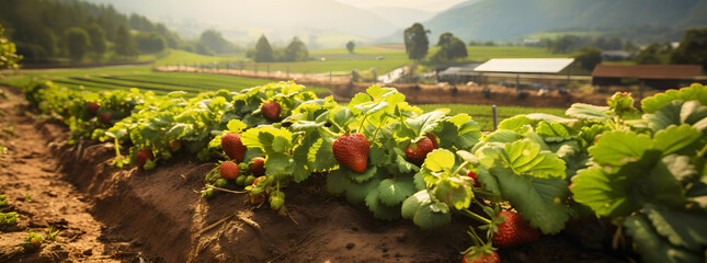 Strawberry farm panoramic scene - obrazy, fototapety, plakaty