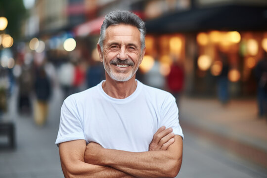 Picture of man wearing white t-shirt and sporting mustache. This image can be used in various contexts.