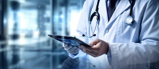 Doctor using tablet computer, closeup. Medical and healthcare concept.