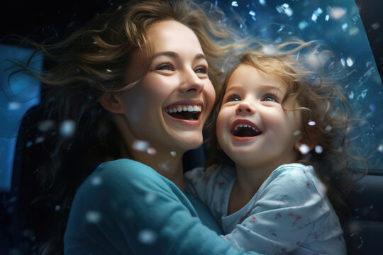 Woman and little girl are smiling happily in car. This image can be used to depict joyful family outing or fun road trip adventure.