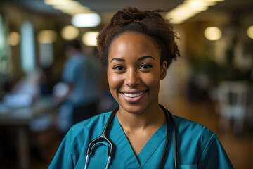 Woman wearing stethoscope standing in hospital. This image can be used to represent healthcare, medical professionals, or importance of patient care in hospital setting.