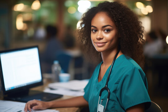 Woman wearing stethoscope is sitting in front of computer. This image can be used to represent healthcare professional using technology for medical purposes.