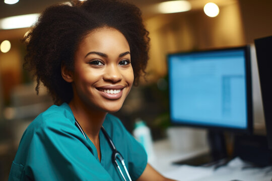 Woman wearing stethoscope is sitting in front of computer. This image can be used to represent healthcare professionals using technology in their work.