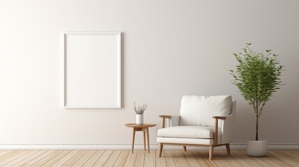 Obraz na płótnie Canvas A simple white frame on a plain wall in a living room with wooden floors, a rocking chair, and a small side table.