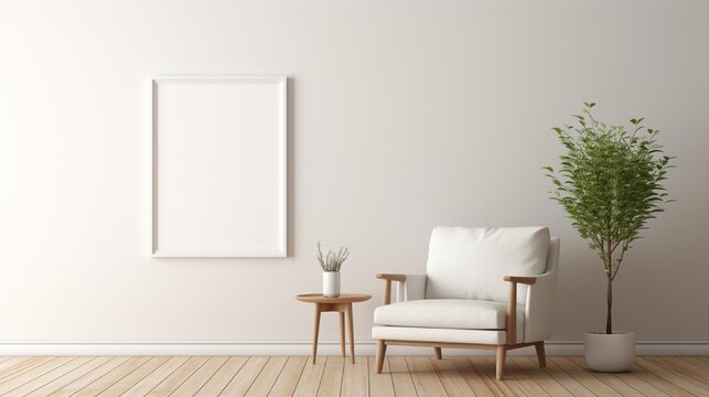 A simple white frame on a plain wall in a living room with wooden floors, a rocking chair, and a small side table.