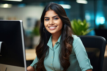 Woman sitting at desk in front of computer. Suitable for business, technology, and work-related concepts.