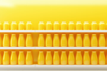 Shelf filled with various bottles of orange juice. This image can be used to showcase different brands and flavors of orange juice in grocery store or supermarket setting.
