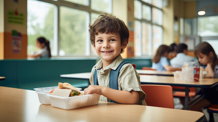 Young boy preschooler sitting in the school cafeteria eating lunch. - obrazy, fototapety, plakaty