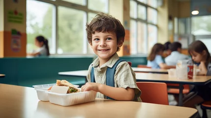 Poster Young boy preschooler sitting in the school cafeteria eating lunch. © MP Studio