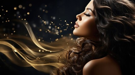 Brunette young Woman with long hair on golden blurred background. Festive ad