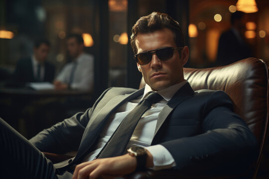 Man wearing suit and sunglasses sitting in chair. This image can be used for business, fashion, or professional concepts.