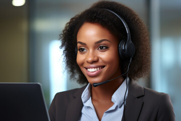 Woman wearing headset is using laptop. This image can be used to represent variety of concepts such as remote work, customer service, online communication, or technology usage.